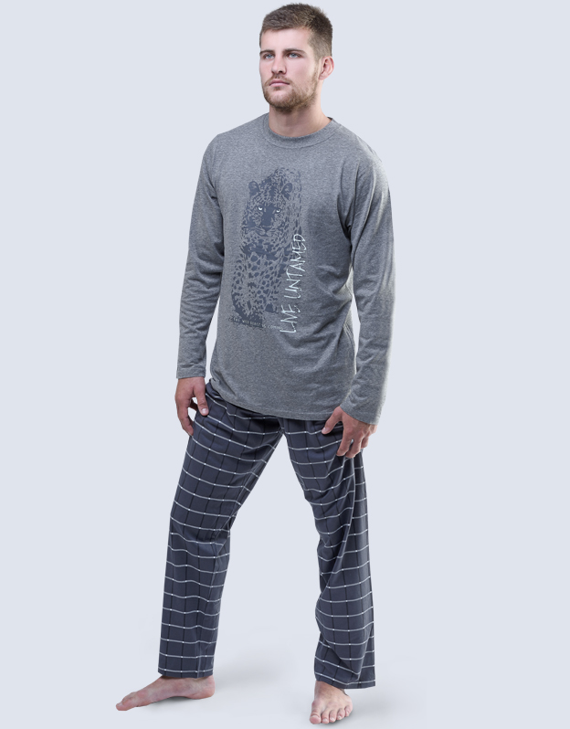 GINA pánské pyžamo dlouhé pánské, šité, s potiskem Pyžama 2017 79039P  - šedá tm. šedá M
