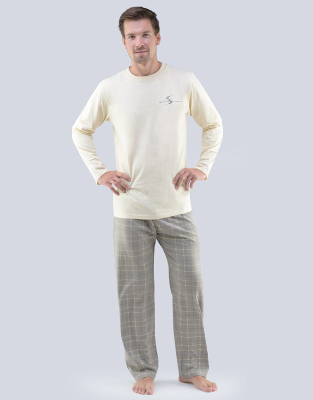 GINA pánské pyžamo dlouhé pánské, šité, s potiskem Pyžama 2018 79053P  - písková šedá XXL
