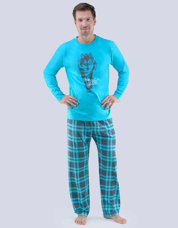 GINA pánské pyžamo dlouhé pánské, šité, s potiskem Pyžama 2018 79055P  - dunaj tm. šedá M