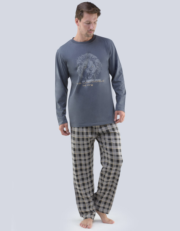 GINA pánské pyžamo dlouhé pánské, šité, s potiskem Pyžama 2018 79063P  - tm. šedá černá L