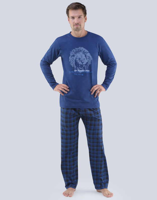 GINA pánské pyžamo dlouhé pánské, šité, s potiskem Pyžama 2018 79063P  - tm. modrá atlantic L
