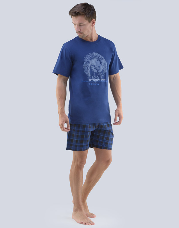 GINA pánské pyžamo krátké pánské, šité, s potiskem Pyžama 2018 79064P  - tm. modrá atlantic S