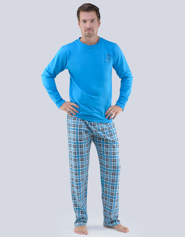 GINA pánské pyžamo dlouhé pánské, šité, s potiskem Pyžama 2018 79065P  - dunaj lékořice XXL