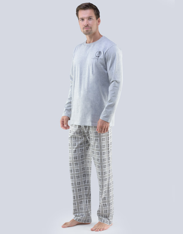 GINA pánské pyžamo dlouhé pánské, šité, s potiskem Pyžama 2018 79065P  - sv. šedá šedá M