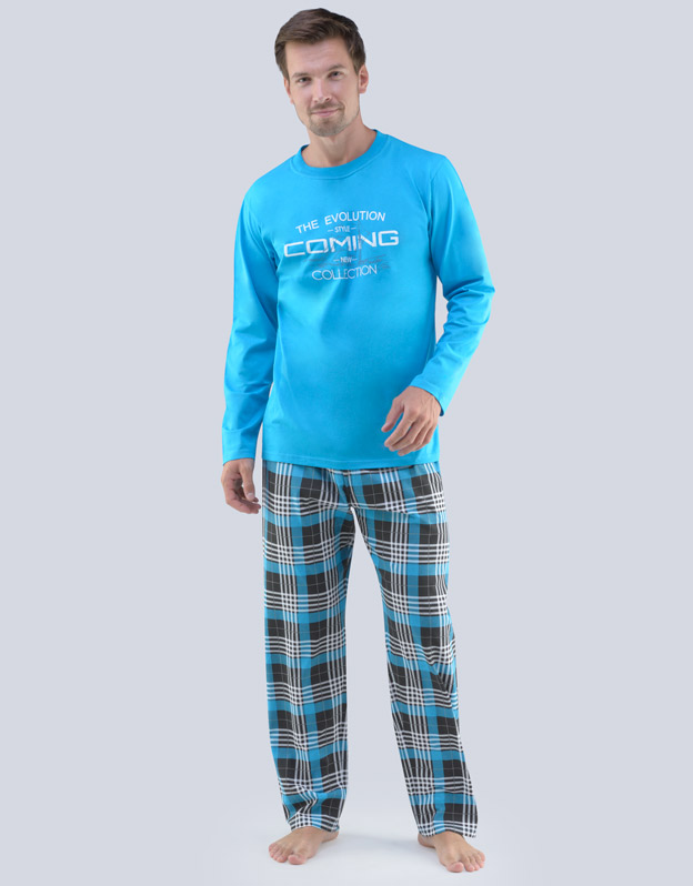 GINA pánské pyžamo dlouhé pánské, šité, s potiskem Pyžama 2018 79067P  - dunaj bílá XXL